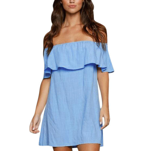 Sexy Women Dress Vestido Blue Off Shoulder Dress Short Sleeve Loose Elastic Ruffle Dress vestido de festa Plus Size ELY