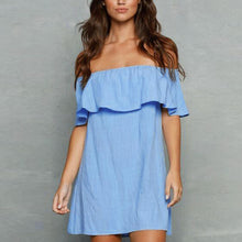 Sexy Women Dress Vestido Blue Off Shoulder Dress Short Sleeve Loose Elastic Ruffle Dress vestido de festa Plus Size ELY