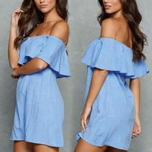 Sexy Women Dress Vestido Blue Off Shoulder Dress Short Sleeve Loose Elastic Ruffle Dress vestido de festa Plus Size ELY