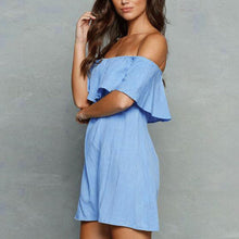 Sexy Women Dress Vestido Blue Off Shoulder Dress Short Sleeve Loose Elastic Ruffle Dress vestido de festa Plus Size ELY