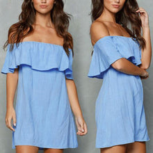 Sexy Women Dress Vestido Blue Off Shoulder Dress Short Sleeve Loose Elastic Ruffle Dress vestido de festa Plus Size ELY