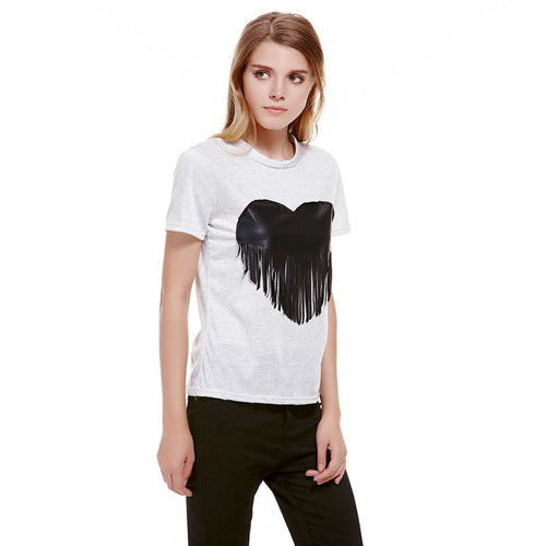 Short Sleeve T-shirt Women Grey Cotton Top Tees Heart Tassel Shirt Sleeve Casual O-Neck Crop Top Tee Shirt Femme ELY