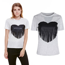 Short Sleeve T-shirt Women Grey Cotton Top Tees Heart Tassel Shirt Sleeve Casual O-Neck Crop Top Tee Shirt Femme ELY