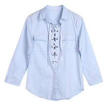 V-neck Bind Lace-up Shirt Women OL Hollow Out Long SleeveWomen Blouse Blue Straight Cross Strap Bandage Shirt Women Tops ELY