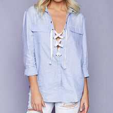 V-neck Bind Lace-up Shirt Women OL Hollow Out Long SleeveWomen Blouse Blue Straight Cross Strap Bandage Shirt Women Tops ELY