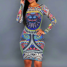 Vintage Printing Boho Dress O Neck Dress Women Long Sleeve Mini Sexy Dress vestido de festa ELY