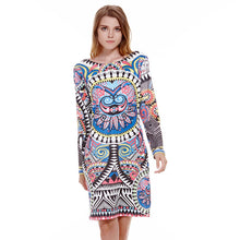 Vintage Printing Boho Dress O Neck Dress Women Long Sleeve Mini Sexy Dress vestido de festa ELY
