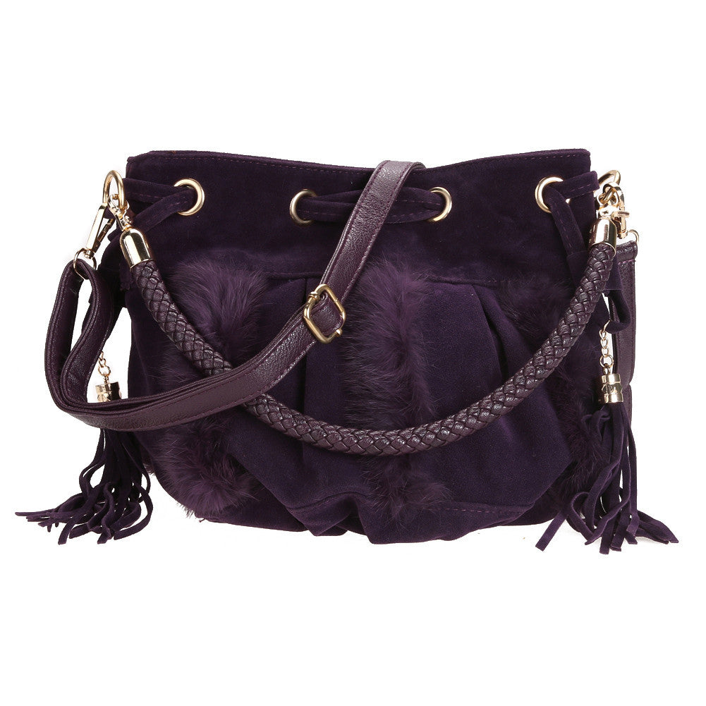 Women Bag Handbag Artificial Conny Woolen Drawstring NubuckBucket Brand Handbag Shoulder Bag Tassel Hand Bag Clutch ELY
