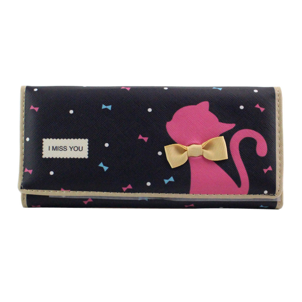 Women PU Leather Long Wallet Cute Cat Bow Card Holder Coin Purse Leather Money Bag Wallet Ladies Clutch Handbag ELY