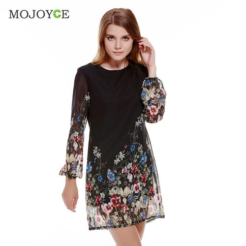 est Shift Dresses Black Long Sleeve Floral Print Women Dress Vestido Chiffon Short Dress Vestido De Festa ELY