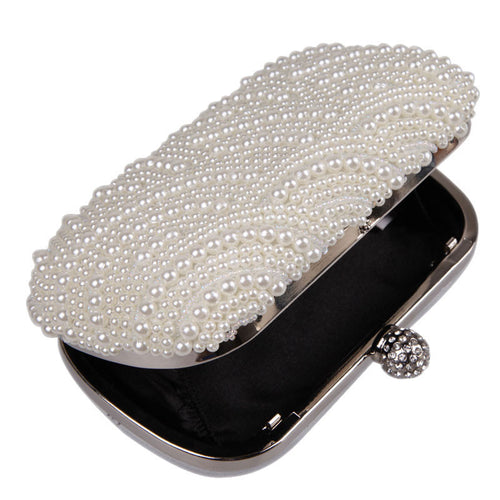 Oval Shaped Pearl Beaded White Clutch Handmade Box Clutch Bag White Handbag 1600*1000*400cm Purses and Handbags White Purse ELY