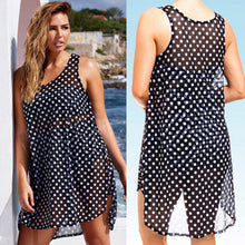 Plus Size Sleeveless Dots Printed Vest Chiffon Dress Dark Blue Beach Dress Cover Up Vestidos Dress 1STL ELY