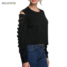 Sexy Cut Out Hole Long Sleeves Women Tops Ripped Night Street Clubwear Women T Shirt Black White Blusa Crop Top Tees ELY