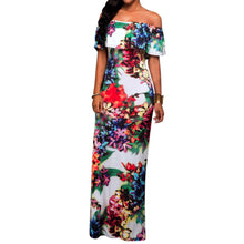 Sexy Floral Printing Off Shoulder Long Dress Slash Neck Milk Fiber Women Dress vestidos Party Maxi Dress vestido de festa ELY