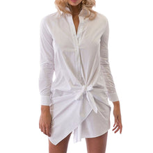 Sexy Front Bow Buttons long Sleeve Shirtdress Casual Straight Office Shirt Dress Comfortable Cotton Blend Dress ELY