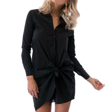 Sexy Front Bow Buttons long Sleeve Shirtdress Casual Straight Office Shirt Dress Comfortable Cotton Blend Dress ELY