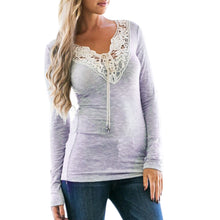 Sexy Lace Long Sleeve T shirt Screw Thread Knitted Pullover V-neck Tops Jumper Pull Femme Women Top plus size ELY
