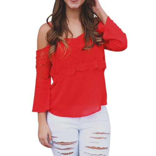 Sexy Off Shoulder Lace Women Tops Long Sleeve Shirt Women Hollow Out Sleeve Crop Tops Women Blouse Blusa Plus Size ELY
