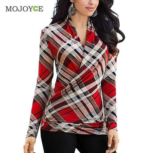 Sexy Red Plaid Women Blouses Shirts Casual V Neck Tops Shirt Women Blusas Feminina Plus Size Women Tops Blusas y Camisas Mujer ELY
