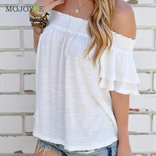 Sexy Slash Neck Ruffles Women Tops Blusa Off Shoulder Beach Style Women Blouses Pure White Tops Shirt Women ELY