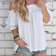 Sexy Slash Neck Ruffles Women Tops Blusa Off Shoulder Beach Style Women Blouses Pure White Tops Shirt Women ELY