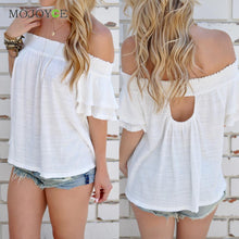 Sexy Slash Neck Ruffles Women Tops Blusa Off Shoulder Beach Style Women Blouses Pure White Tops Shirt Women ELY