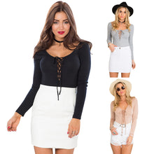 Sexy Women Cross Lace-Up Long Sleeve Tee T-Shirt Solid Crop Tops 1STL ELY