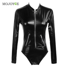 Sexy Women Faux Leather Wet Look Bodysuit Catsuit Leotard Club Jumpsuit Costume Black Bodycon Punk Cosplay Clubwear PVC Teddy ELY
