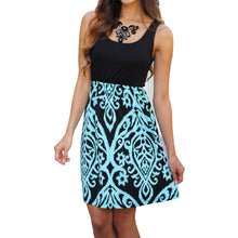 Sexy Women Sleeveless Party Black and Aqua Printed Short Long Dress 1STL ELY