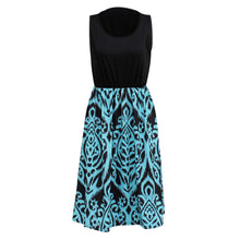 Sexy Women Sleeveless Party Black and Aqua Printed Short Long Dress 1STL ELY