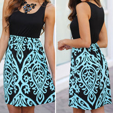 Sexy Women Sleeveless Party Black and Aqua Printed Short Long Dress 1STL ELY
