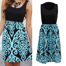 Sexy Women Sleeveless Party Black and Aqua Printed Short Long Dress 1STL ELY