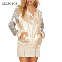 Shinny Casual Satin Women Bomber Jacket Long Sleeve Baseball Coat Outerwear Gold Burgundy Patchwork Jacket Coat ELY