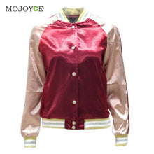Shinny Casual Satin Women Bomber Jacket Long Sleeve Baseball Coat Outerwear Gold Burgundy Patchwork Jacket Coat ELY