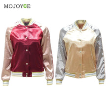 Shinny Casual Satin Women Bomber Jacket Long Sleeve Baseball Coat Outerwear Gold Burgundy Patchwork Jacket Coat ELY