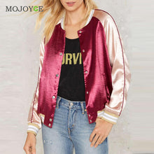 Shinny Casual Satin Women Bomber Jacket Long Sleeve Baseball Coat Outerwear Gold Burgundy Patchwork Jacket Coat ELY