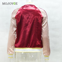 Shinny Casual Satin Women Bomber Jacket Long Sleeve Baseball Coat Outerwear Gold Burgundy Patchwork Jacket Coat ELY