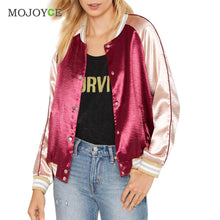 Shinny Casual Satin Women Bomber Jacket Long Sleeve Baseball Coat Outerwear Gold Burgundy Patchwork Jacket Coat ELY