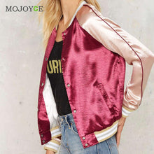 Shinny Casual Satin Women Bomber Jacket Long Sleeve Baseball Coat Outerwear Gold Burgundy Patchwork Jacket Coat ELY
