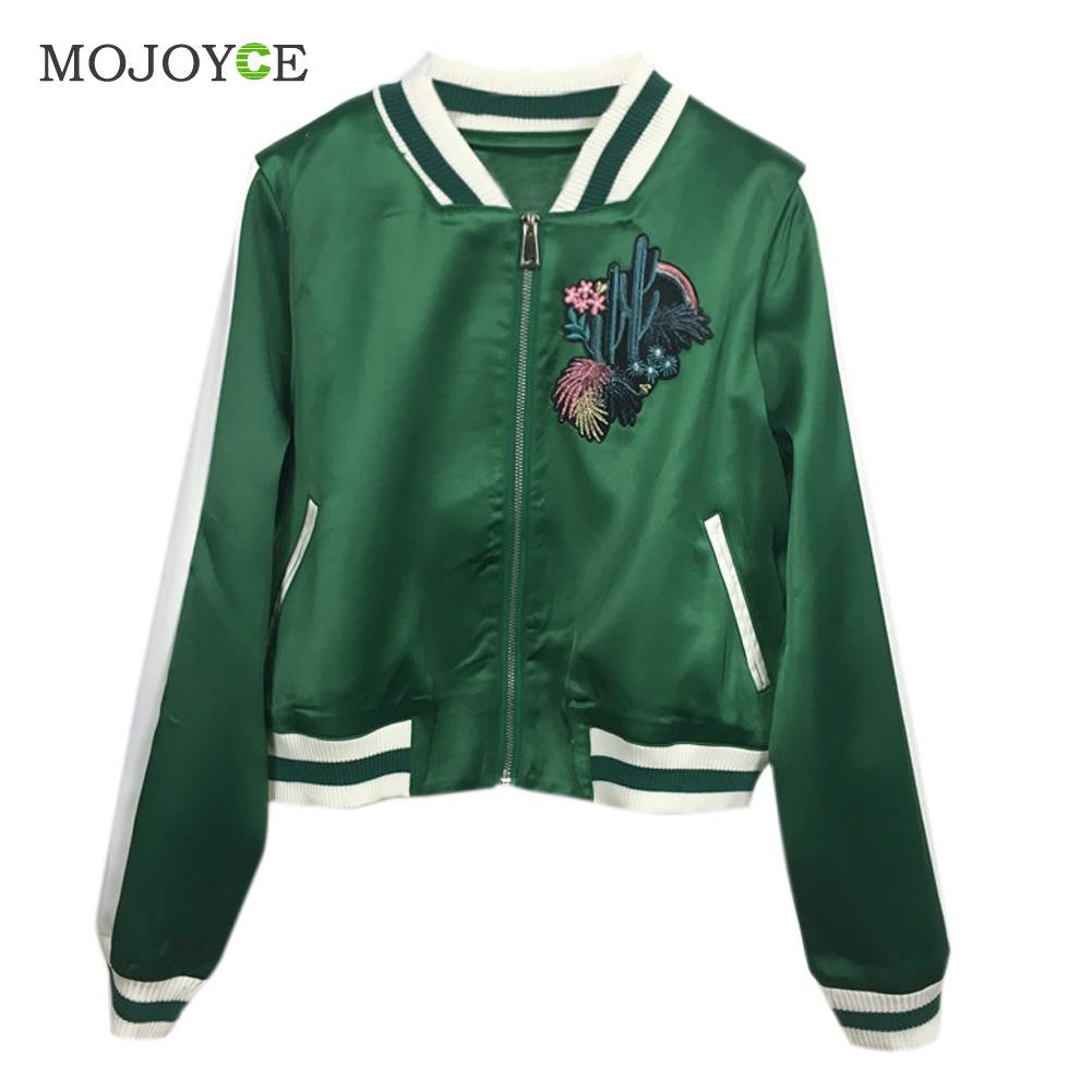 Slim Autunm Embroidered Baseball Jacket Women Short Zip Outerwear Women Embroidered Coats Baseball Coat Trendy Bomber Jacket ELY