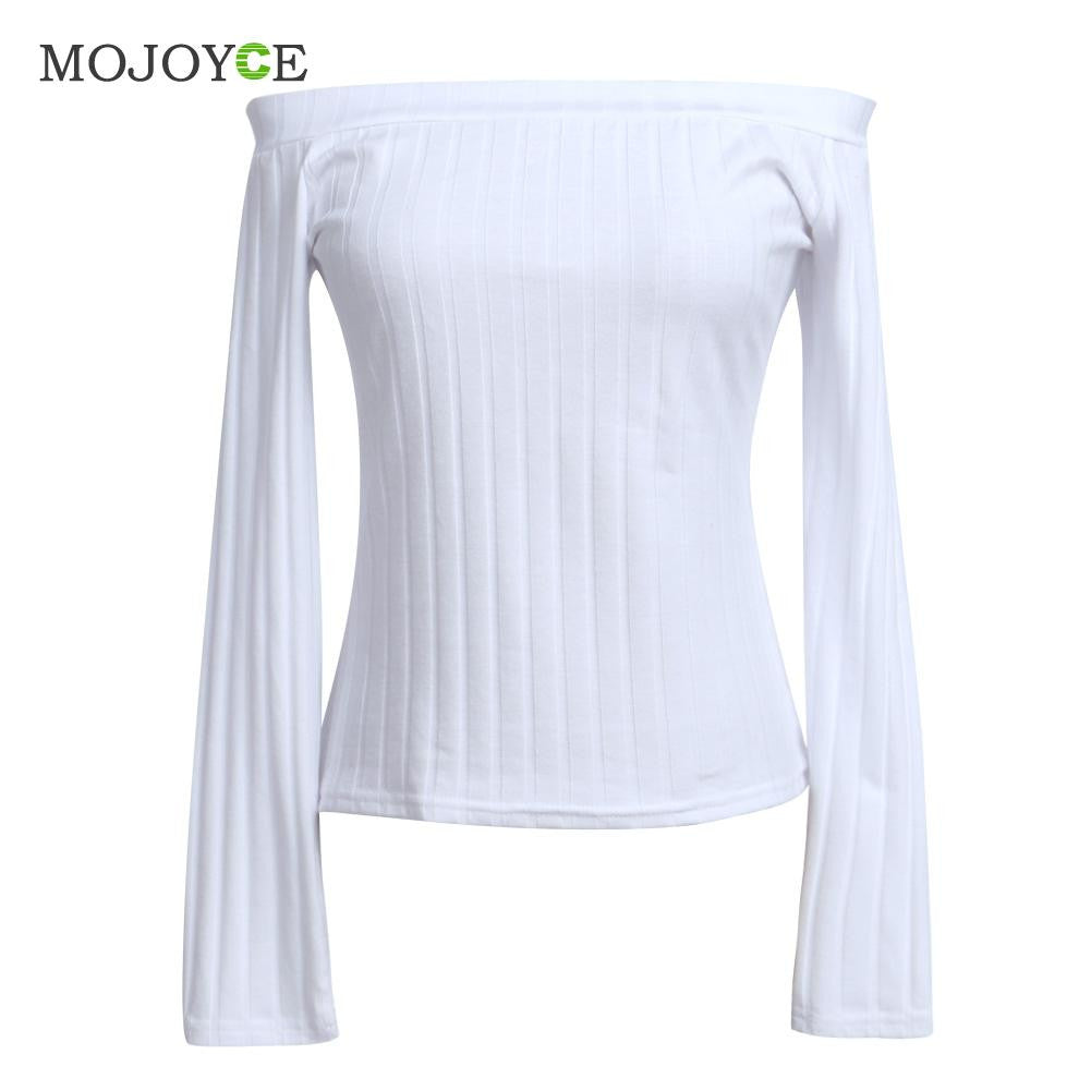Slim T Shirt Women Off Shoulder Shirt Crop Top Long Sleeve Knitting Blusa Tee Shirt Femme Cropped Camisas Femininas ELY