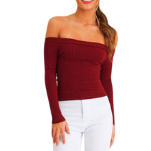 Slim T Shirt Women Off Shoulder Shirt Crop Top Long Sleeve Knitting Blusa Tee Shirt Femme Cropped Camisas Femininas ELY