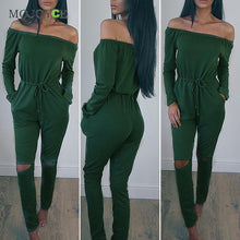 Solid Color Rompers Womens Jumpsuit Off Shoulder Long Sleeve Clubwear Hole Knees Playsuit WomenBodysuit Combinaison Femme ELY