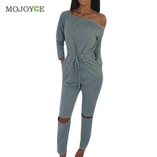 Solid Color Rompers Womens Jumpsuit Off Shoulder Long Sleeve Clubwear Hole Knees Playsuit WomenBodysuit Combinaison Femme ELY