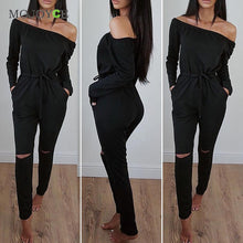 Solid Color Rompers Womens Jumpsuit Off Shoulder Long Sleeve Clubwear Hole Knees Playsuit WomenBodysuit Combinaison Femme ELY