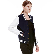 Splice Sleeves Stand Collar Uniform Couples Varsity Baseball Jacket Women Snap-Button Navy Blue Pink Jacket College Jacket Coat ELY