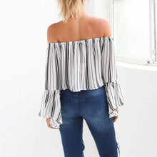 Striped Women Blouses Off Shoulder Blusas Women Tops Lesiure Shirt Women Flare Sleeve Blusas y Camisas Mujer Camisa Feminina ELY
