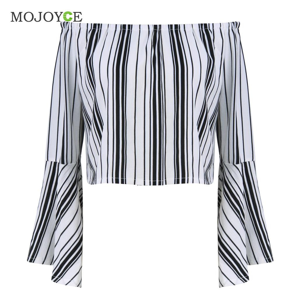 Striped Women Blouses Off Shoulder Blusas Women Tops Lesiure Shirt Women Flare Sleeve Blusas y Camisas Mujer Camisa Feminina ELY