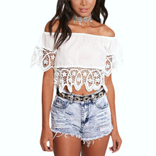 Bohemian White Crop Top for Women Off Shoulder Lace Splice T shirt Camisetas Tops Slash Neck Women Clothing ELY