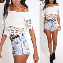 Bohemian White Crop Top for Women Off Shoulder Lace Splice T shirt Camisetas Tops Slash Neck Women Clothing ELY